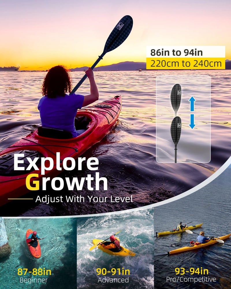 OCEANBROAD Adjustable Carbon Fiber Kayak Paddle 86in/220cm to 94in/240cm Kayaking Oar for Adults with Paddle Leash 1 Paddle - Image 2